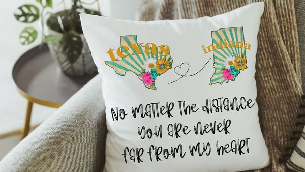 no matter the distance throw pillows for couch, long distance relationship gift for girlfriend, moving away gift for best friend, two states