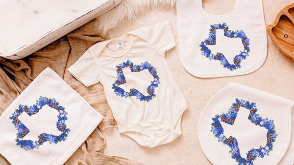 Texas bluebonnets baby girl layette set, Texas state flower baby bibs girl, cute Texas baby gift girl, floral Texas baby bodysuit bundle