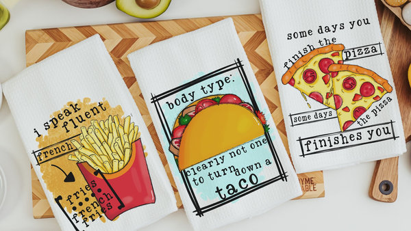 I speak fluent french fries funny kitchen towels, foodie gift, taco kitchen hand towels, fiesta kitchen decor, pizza gifts for her, taco