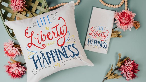 life liberty happiness throw pillow for sofa, patriotic decor for home, 4th of July kitchen towels, military mom gift, summer throw pillows
