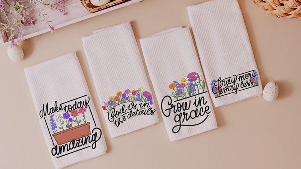 grow in grace wildflower kitchen towels, pray more worry less flower dish towels for drying dishes, Christian gifts for Mom, faith gifts for