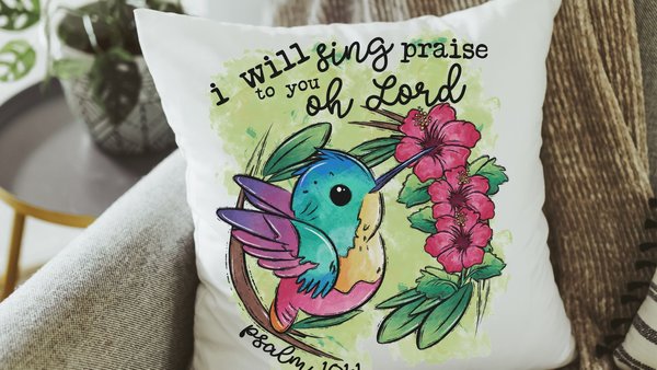 Psalm 101 I will sing praise to you oh Lord hummingbird throw pillow for nursery, Christian gifts for women faith gifts for her, tropical