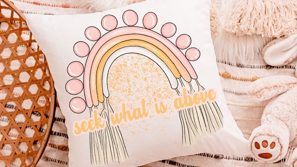 seek what is above faith throw pillows for little girls, Colossians 3:1 Christian baby gifts for girls, boho rainbow scripture nursery decor
