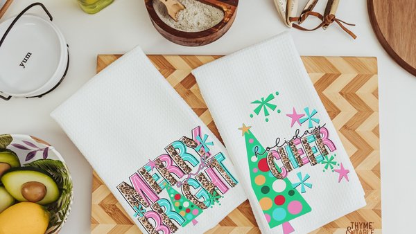 merry and bright Christmas kitchen towels, leopard print Christmas kitchen hand towels, cute Christmas hostess gifts for women, holiday