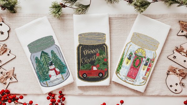farmhouse Christmas kitchen towels set of 3, Merry Christmas canning jar hand towels for bathroom, snowman kitchen decor, hostess thank you