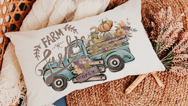 farm fresh pumpkin truck lumbar throw pillow for chair, fall style gift, turquoise fall decor for home pillow, fall host gift, watercolor