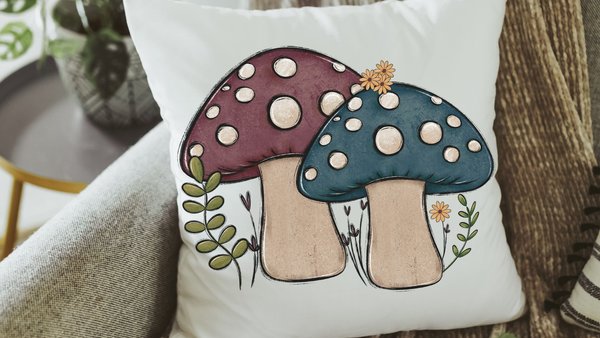 teal mushroom throw pillows for couch, dusty mauve toadstool decor, mushroom gifts for women, cottagecore decor, accent pillows for bedroom