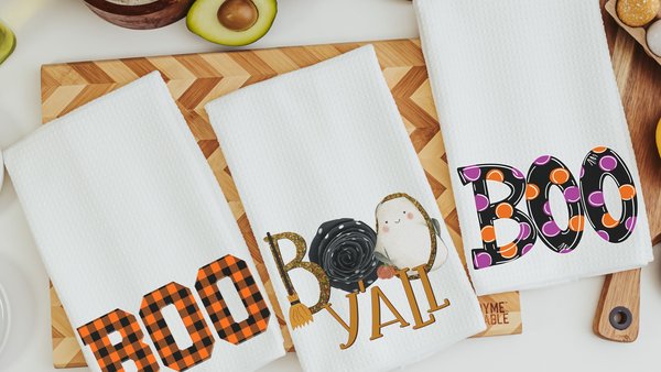 boo yall Halloween kitchen towels, October birthday gifts for her, orange buffalo plaid kitchen hand towels, fall decorations for home, best