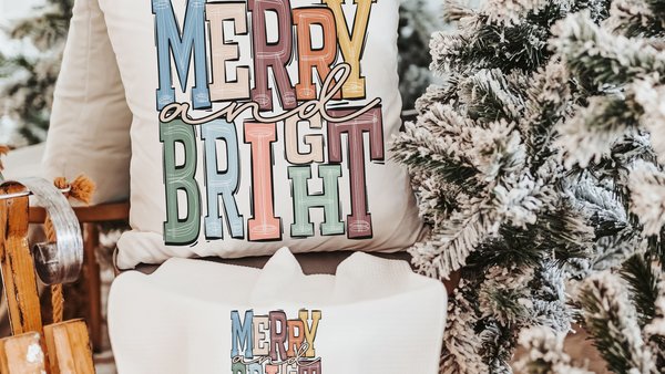 merry and bright cute Christmas throw pillow for sofa, trendy Christmas decor for home, boho Christmas kitchen towel, Christmas gift set new