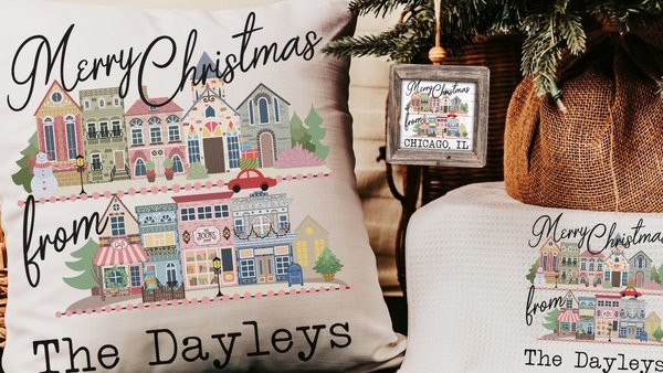 custom city state Christmas housewarming gift set for couple, personalized Christmas village ornament wood, small town Christmas throw