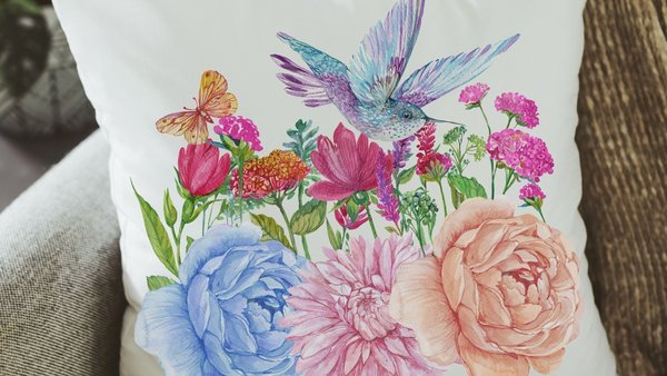 hummingbird throw pillow for Spring decor for home, hummingbird gifts for mom, trendy Mothers day gifts for step mom, wildflower throw