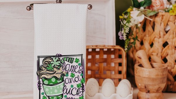 lattes and luck shamrock coffee St Patricks day kitchen towels, St Patricks day coffee bar decor, St Pattys day decor, Irish coffee hand