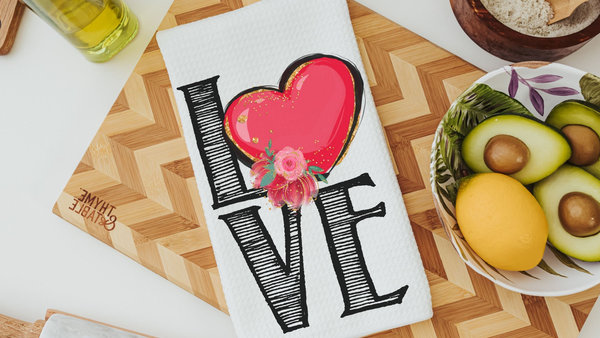 love kitchen towels for couples, Valentines Day kitchen decor, red heart kitchen hand towels, Valentines Day gifts for girlfriend, moving in