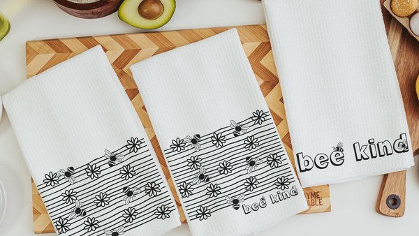 bee kind spring kitchen towels, honey bee gifts for women, bumble bee kitchen decor, black and white daisy hand towels for powder room, best