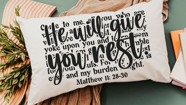 come unto me I will give you rest Bible verse throw pillow for bed, inspirational Christian gifts for sister, Matthew 11 28 scripture pillow