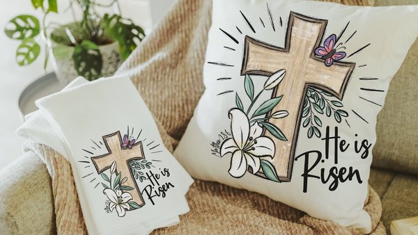 he is risen religious Easter kitchen towels Christian throw pillow for living room, Easter hostess gift for sister, Easter lily Matthew 28:6