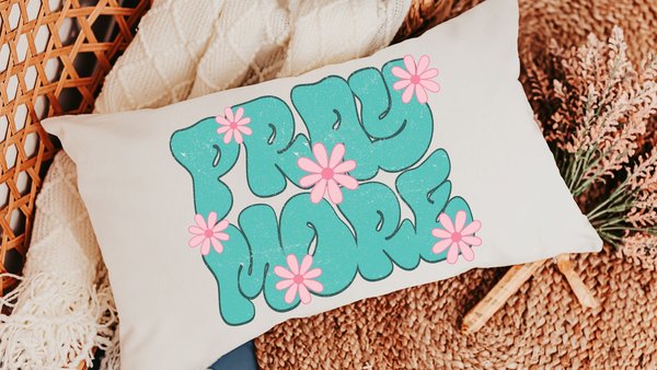 pray more turquoise Christian throw pillow for bed, godmother gift, bubble gum pink flower lumbar pillow cover 12x20, faith gifts for Mom