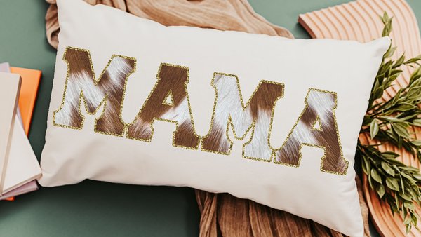 mama throw pillow for bed, cowhide lumbar pillow for chair, western decor for bedroom, cowboy baby shower gifts for mom to be, cow gifts for