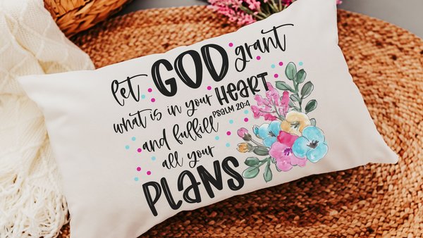 watercolor floral throw pillow for bed, Psalm 20 faith gifts for Mom, cute Christian encouragement gift for women, Bible verse lumbar pillow