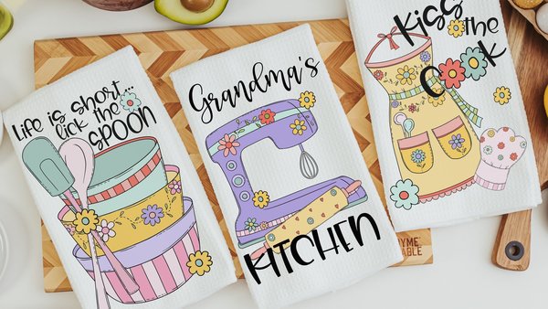 personalized Grandmas kitchen hand towels, cute Mothers day gifts for bakers, kiss the cook kitchen decor, life is short lick the spoon