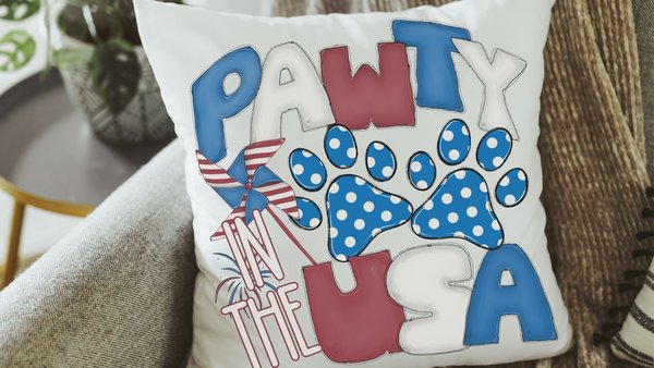 paw print party in the USA throw pillows for couch, dog mom gift, red white and blue 4th of July decor front porch pillows, patriotic gifts
