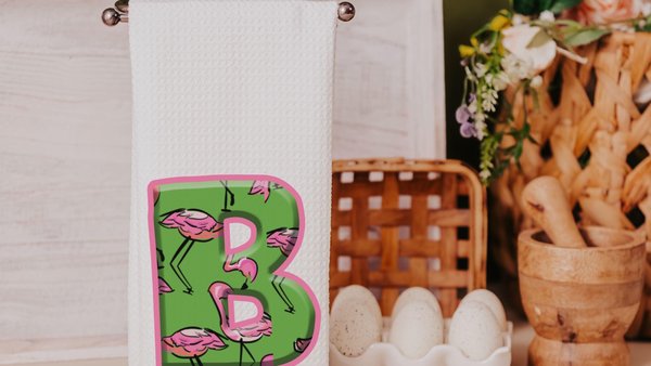 personalized initial kitchen towels decorative hand towel for bathroom, flamingo kitchen decor, beach house hostess gift for women, tropical