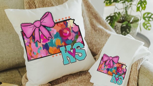 Kansas throw pillows for couch trendy dorm decor for college girls, pink coquette bow kitchen towels for gifts, first apartment gift set for