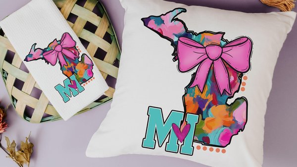 watercolor Michigan throw pillow for bed, pink bow coquette kitchen towels for gifts, college care package for girls, cute Michigan gift set