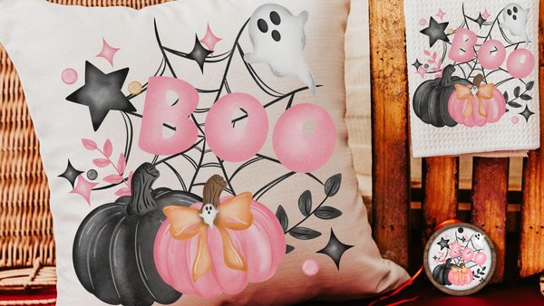 coquette Halloween decor set, boo Halloween gift set for her, cute Halloween gifts for women, pink pumpkin throw pillow for couch, whimsical