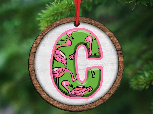 personalized flamingo ornament wood, initial ornament for tree, cute flamingo gifts for her, tropical Christmas ornaments, flamingo car