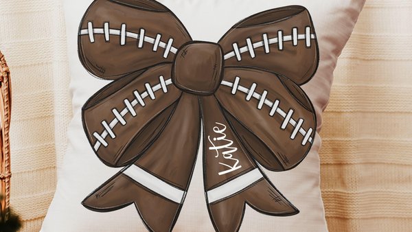 personalized football coquette bow football throw pillow for bed, custom cute football decor for living room, football mom gift, cheer gifts
