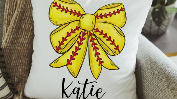 personalized softball coquette throw pillow for bed, softball bow accent pillows for couch, softball gifts for girls, softball mom gifts