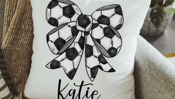 personalized soccer coquette throw pillow for bed, cute soccer bedroom decor for girls, soccer senior gifts soccer mom gift, soccer pillow