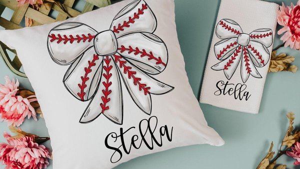 personalized girly baseball throw pillow cover 18x18, baseball coquette kitchen towels with name, cute baseball mom gifts, rally towel, best