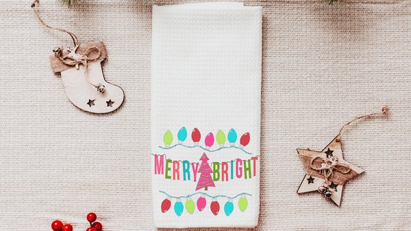 merry and bright Christmas kitchen towels for gifts, colorful Christmas hand towels for bathroom, stocking stuffers for her, pink Christmas