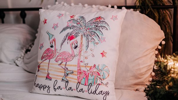 funny flamingo Christmas throw pillows for couch, beach Christmas decor for home, coastal Christmas pillow covers 18 x 18, cute Christmas
