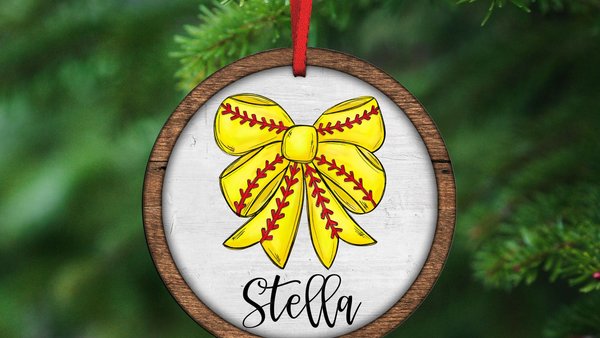 personalized softball coquette bow softball ornament wood, cute softball senior night gift, softball bow car charms for women, softball mom