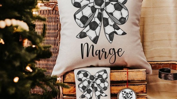 personalized soccer coquette bow throw pillow with name, soccer gifts for girls, cute soccer senior gifts for daughter, soccer rally towels