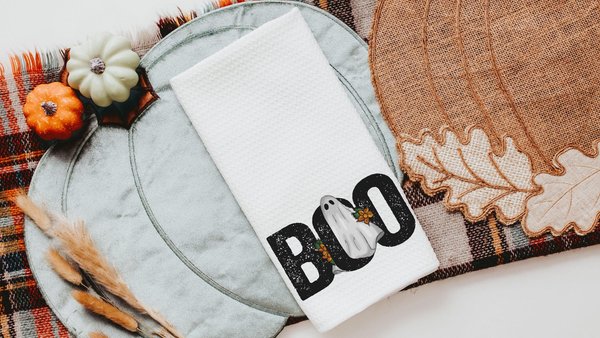 whimsical Halloween kitchen towel fall hand towels for bathroom, boo Halloween decorations for home, floral ghost kitchen decor, spooky cute