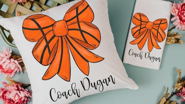 personalized girly basketball throw pillow for bed cute basketball gifts for girls, basketball coquette room decor, basketball kitchen towel