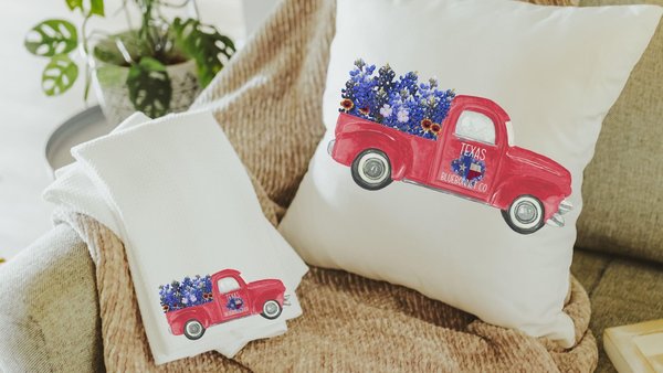 red truck farmhouse throw pillow for couch, Texas bluebonnet gifts, floral Texas hand towels for bathroom, moving to Texas gifts for women