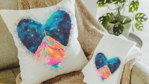 watercolor cross Christian throw pillows for bed, cross on the hill Christian kitchen towels for gifts, faith decor, spiritual gifts for her