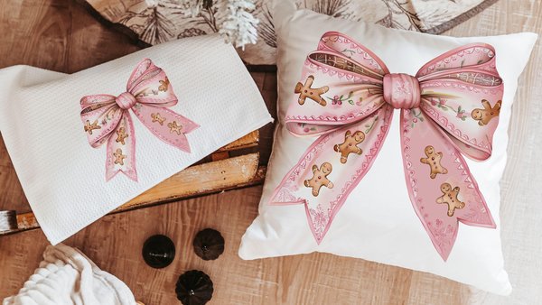 pink gingerbread throw pillow for couch, coquette Christmas kitchen towels for friends, grand millennial Christmas decor for home, cute