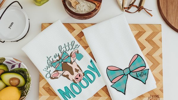 just a little moody cute cow kitchen towels with name, funny cow gifts for cow lovers, personalized turquoise bow hand towels for bathroom