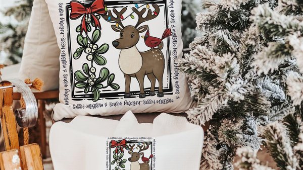 holiday wishes cute reindeer throw pillow for couch, mistletoe kisses Christmas kitchen towels, woodland Christmas hostess gifts for women
