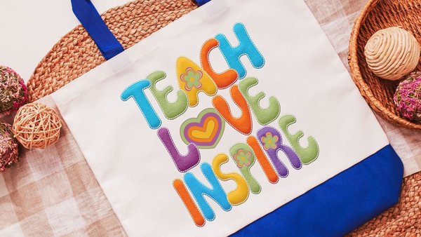 teach love inspire hippie tote bag for school, cute teacher appreciation gift from class, first year teacher gifts for women, whimsical tote