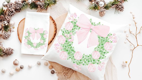 pink chinoiserie Christmas throw pillows for couch, watercolor wreath Christmas kitchen towels for new home, trending Christmas gifts for