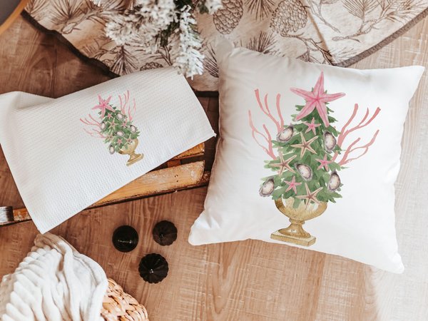 coastal Christmas tree throw pillows for couch pink nautical Christmas kitchen towels for winter, holiday hosting decor home decor gift