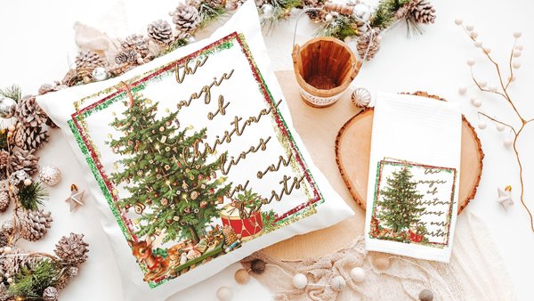 the magic of Christmas throw pillow for couch, unique Christmas hostess gift for women, festive Christmas kitchen towels for friends, secret