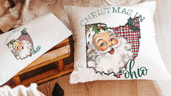 custom state Christmas throw pillows for sofa, Santa Claus Christmas kitchen towels, Columbus Ohio home decor Christmas gifts for neighbors